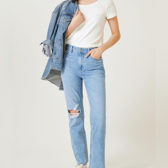 PAIGE STELLA Jeans Straight Crop High Rise Frayed Hem in Gnarly Destructed Sz 34 - Picture 6 of 13